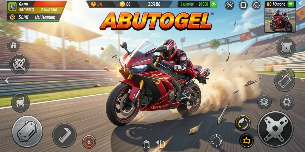 Tampilan gameplay seru di ABUTOGEL dengan motor balap yang memukau.