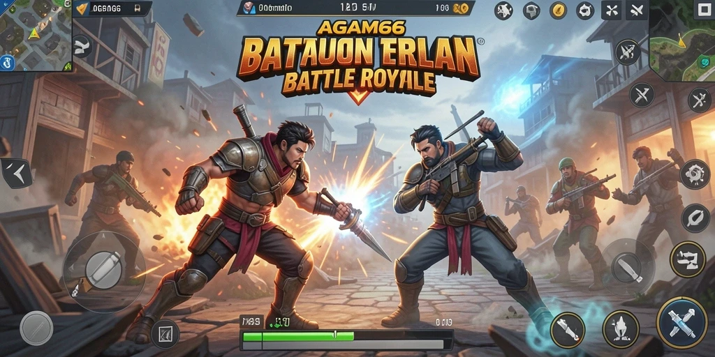 Tangkapan layar AGAM66 menunjukkan pemain berperang di medan Battle Royale yang dramatis.