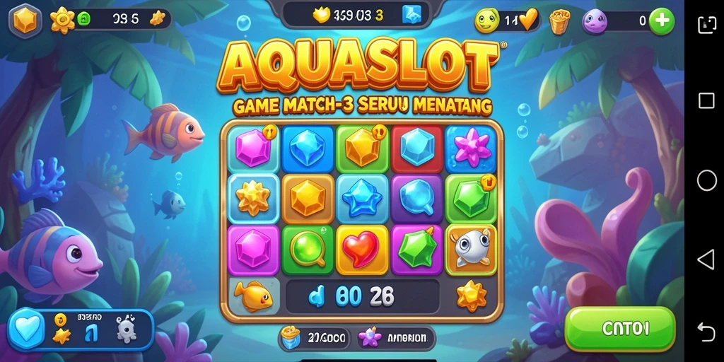 Tampilan gameplay yang menarik dari AQUASLOT dengan elemen Match-3.