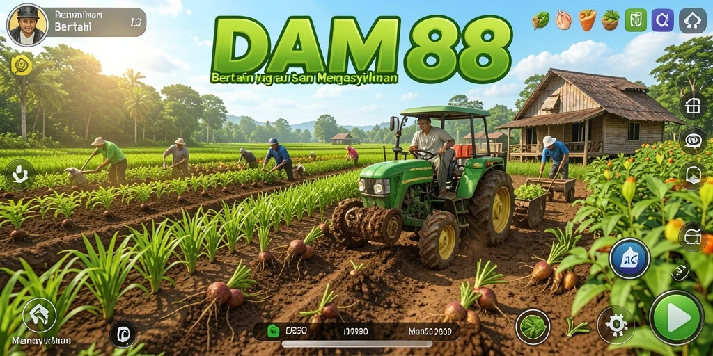 Screenshot gameplay DAM88 menunjukkan ladang subur dan aktivitas bertani.