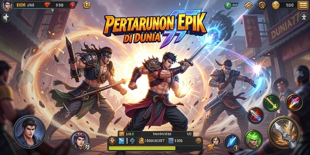 Tampilan pertarungan seru dalam DUNIA77 dengan karakter yang kuat.