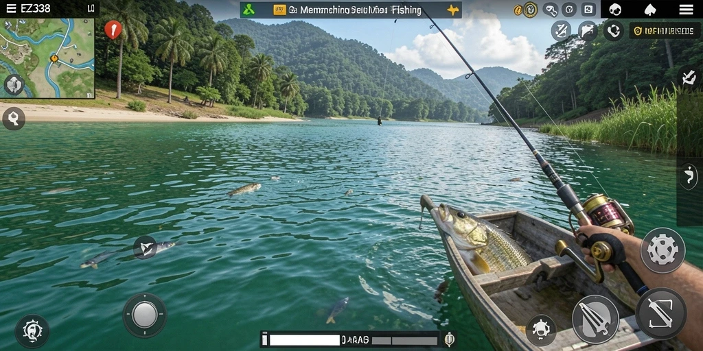 Tampilan gameplay EZ338 menampilkan suasana memancing yang tenang dan realistis.