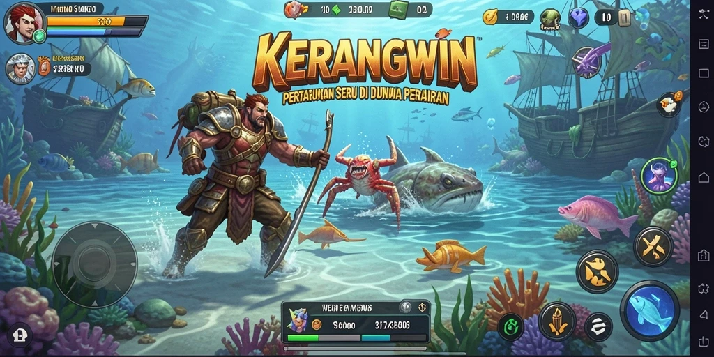 Tampilan aksi pertarungan seru di KERANGWIN dengan karakter unik.