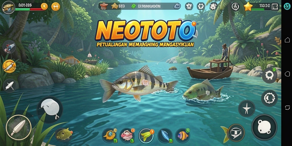 Screenshot NEOTOTO menampilkan pemain saat memancing di danau yang indah.