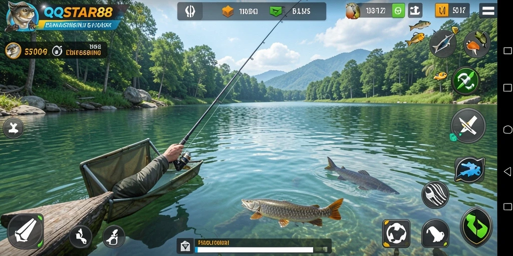 Tampilan gameplay QQSTAR88 dengan berbagai jenis ikan dan lokasi memancing yang menarik.