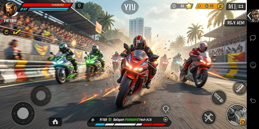Screenshot gameplay RI188 menampilkan aksi balapan motor yang mendebarkan.